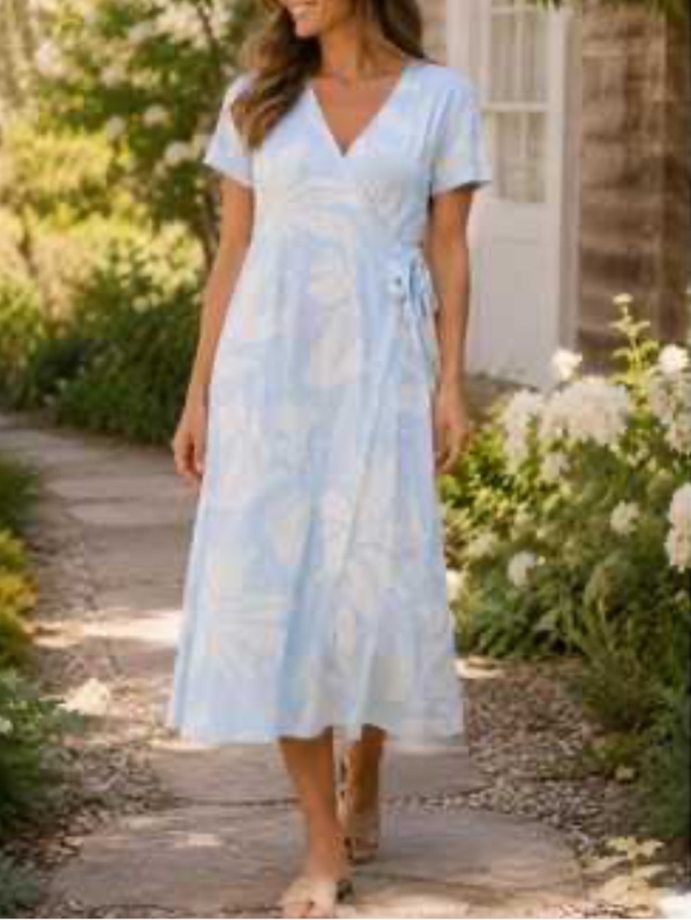 Happy Earth Organic Cotton Light Blue Floral Faux Wrap Midi Dress Size L